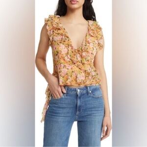 NWT Open Edit Ruched Orange Floral Cropped Ruffle Neckline Sleeveless Top Sz S